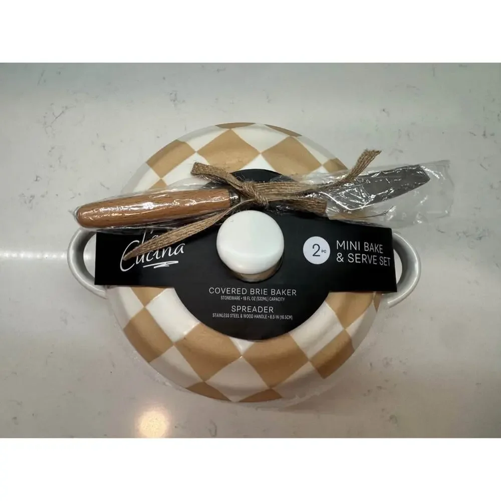 New La Cucina 2-Piece Checkered Mini Brie Baker Set & Spreader Gift Set